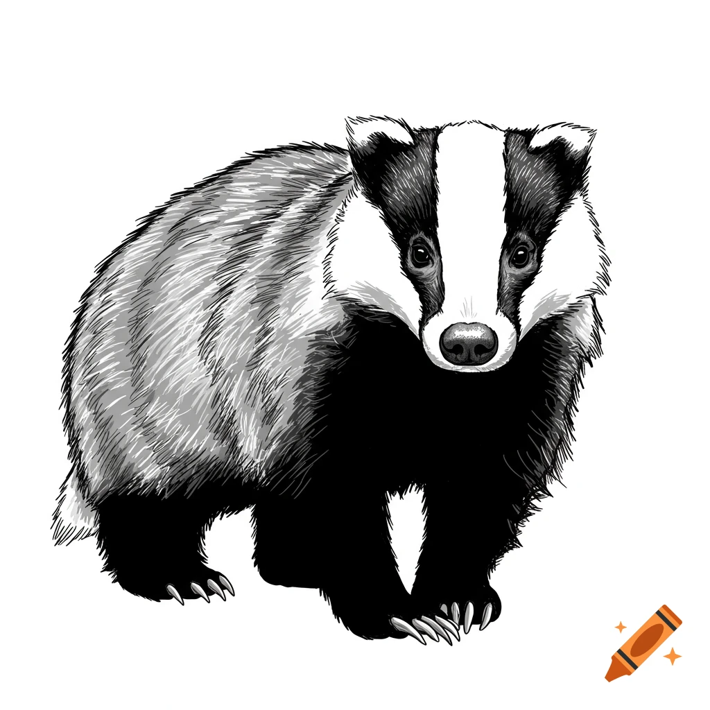 A detailed black and white line drawing of a European badger looking forward.