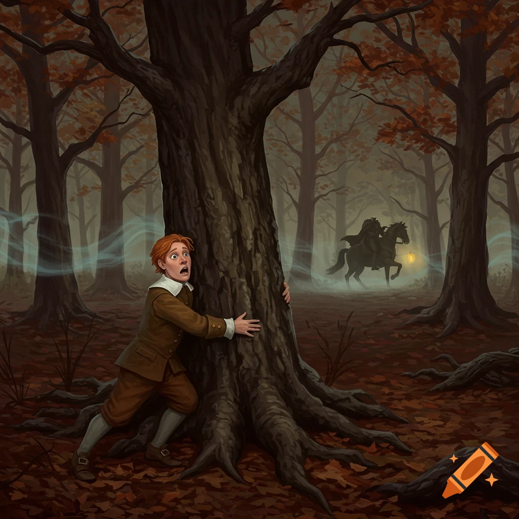 Illustration of a terrified boy hiding behind a tree from a headless horseman in a dark autumn forest.