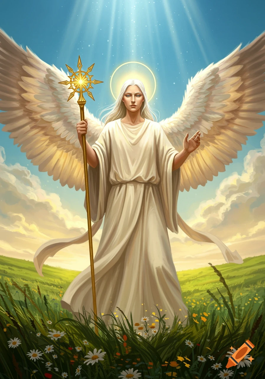 A majestic angel with large white wings, a staff, and a halo stands in a sunny green field under a blue sky.