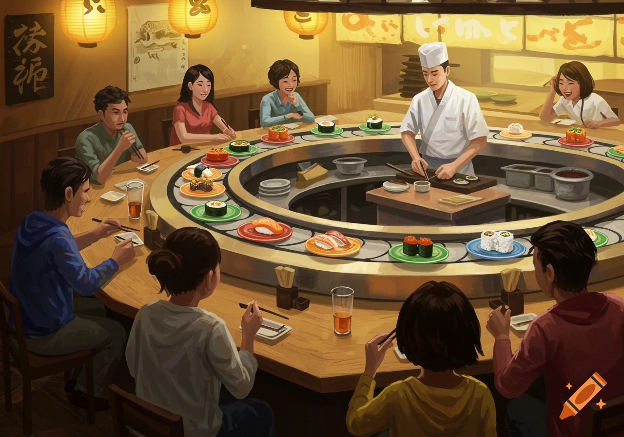 An artistic illustration of people dining at a conveyor belt sushi restaurant with a chef preparing sushi in the center.