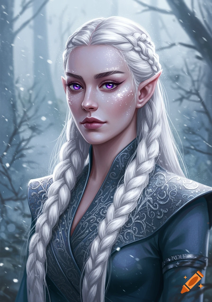 Portrait of a fantasy woman with long white braided hair, violet eyes, and pointed ears in a snowy forest.
