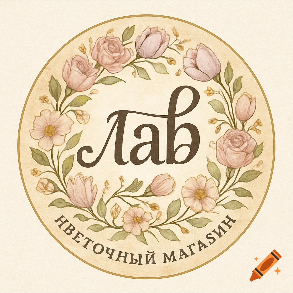 Vintage watercolor floral logo in a round frame, featuring pink and purple flowers and Russian text 'Лав' (Lav) and 'ЦВЕТОЧНЫЙ МАГАЗИН' (Flower Shop).