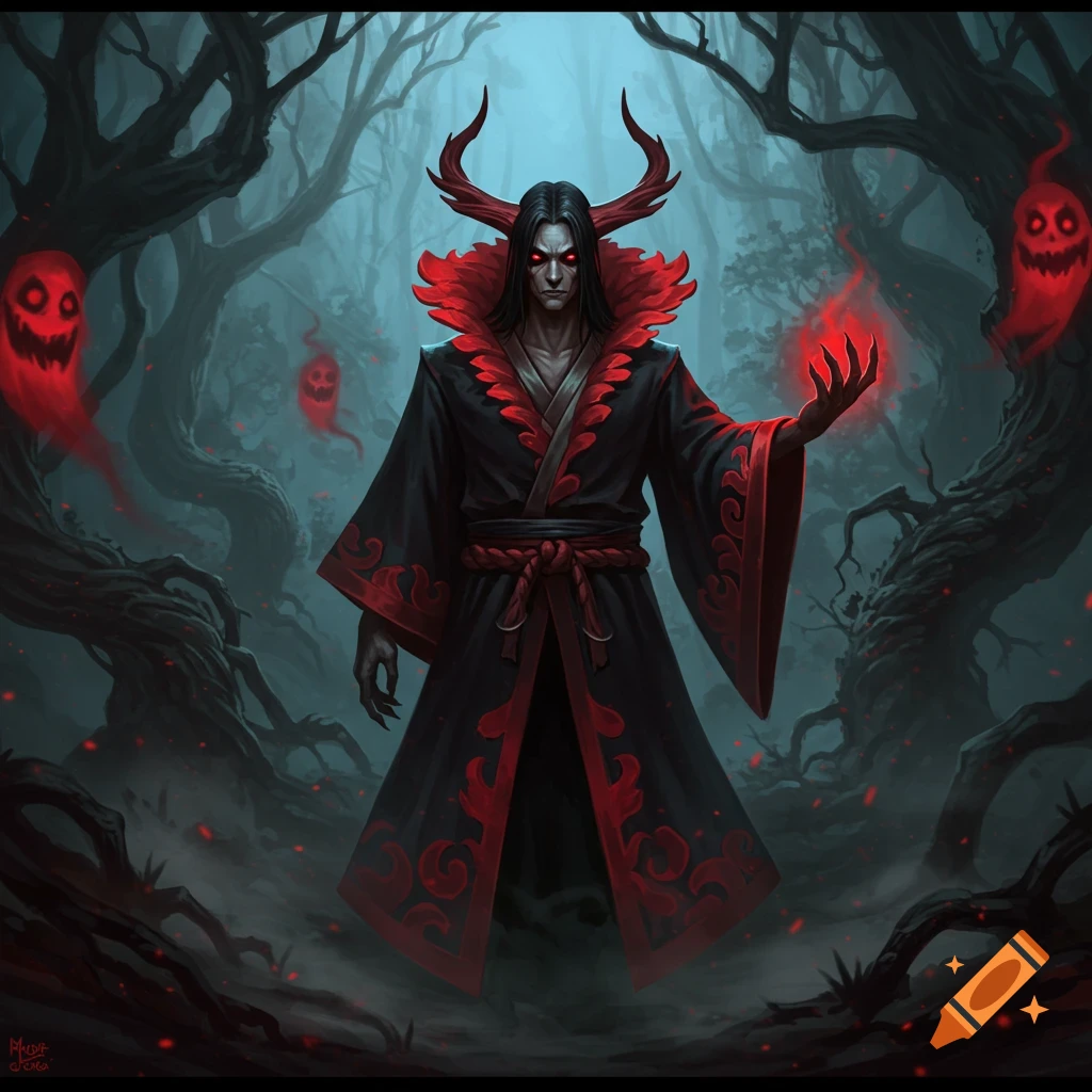 A dark fantasy character with red horns and glowing red eyes wears a black and red kimono, summoning a red flame in a mystical, shadowy forest with red, glowing ghost figures.