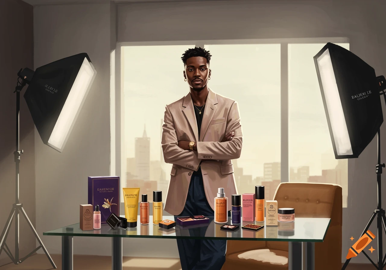 A stylish man with crossed arms stands behind a table filled with beauty products in a bright studio, city skyline visible through a window.