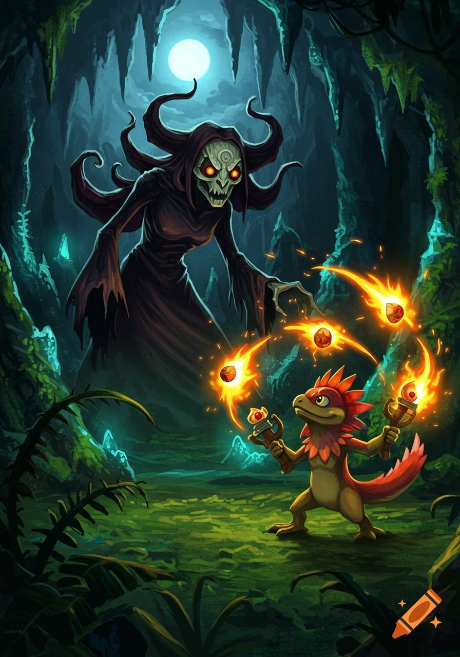 A small, red, lizard-like creature shoots fiery projectiles from slingshots at a towering, dark, horned monster with a skull face, inside a moonlit grotto.