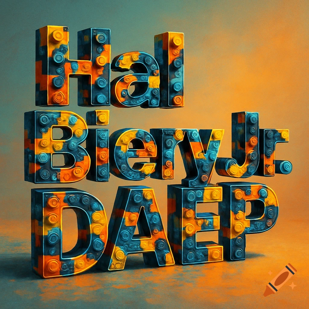 3D rendered letters spelling "Hal Biery Jr. DAEP" made from orange, blue, and gold LEGO bricks on a gradient background.