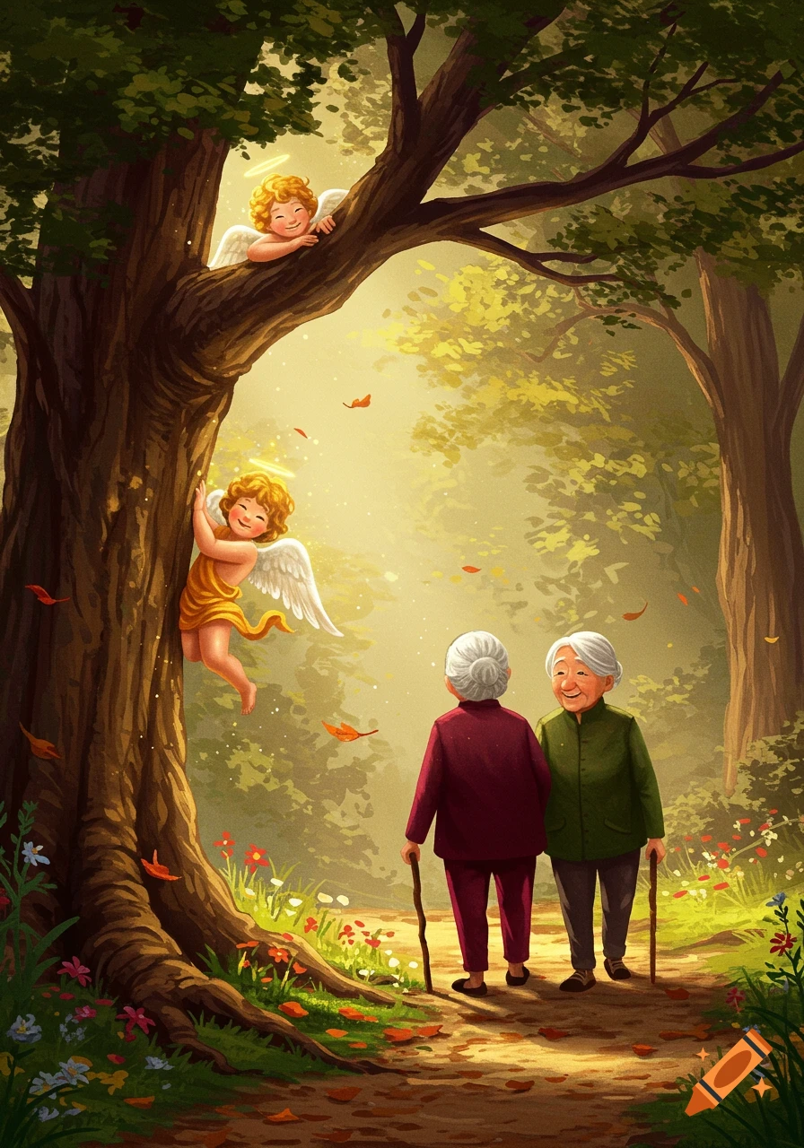 Two elderly women stroll on a sunlit forest path with walking sticks, while two smiling cherubic angels watch from a large tree.