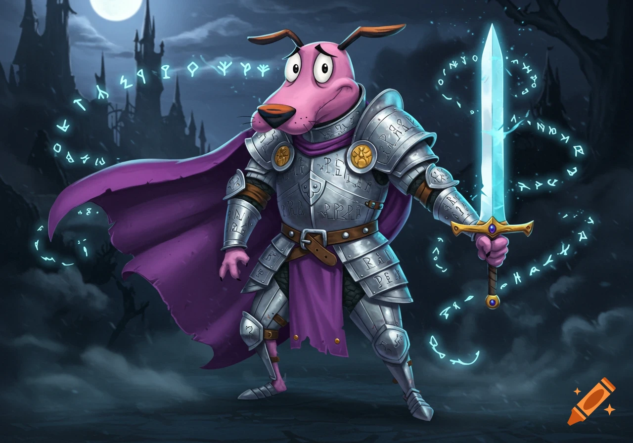 Pink cartoon dog in silver paladin armor with a purple cape holding a glowing blue sword, surrounded by floating runes in front of a castle under a full moon.