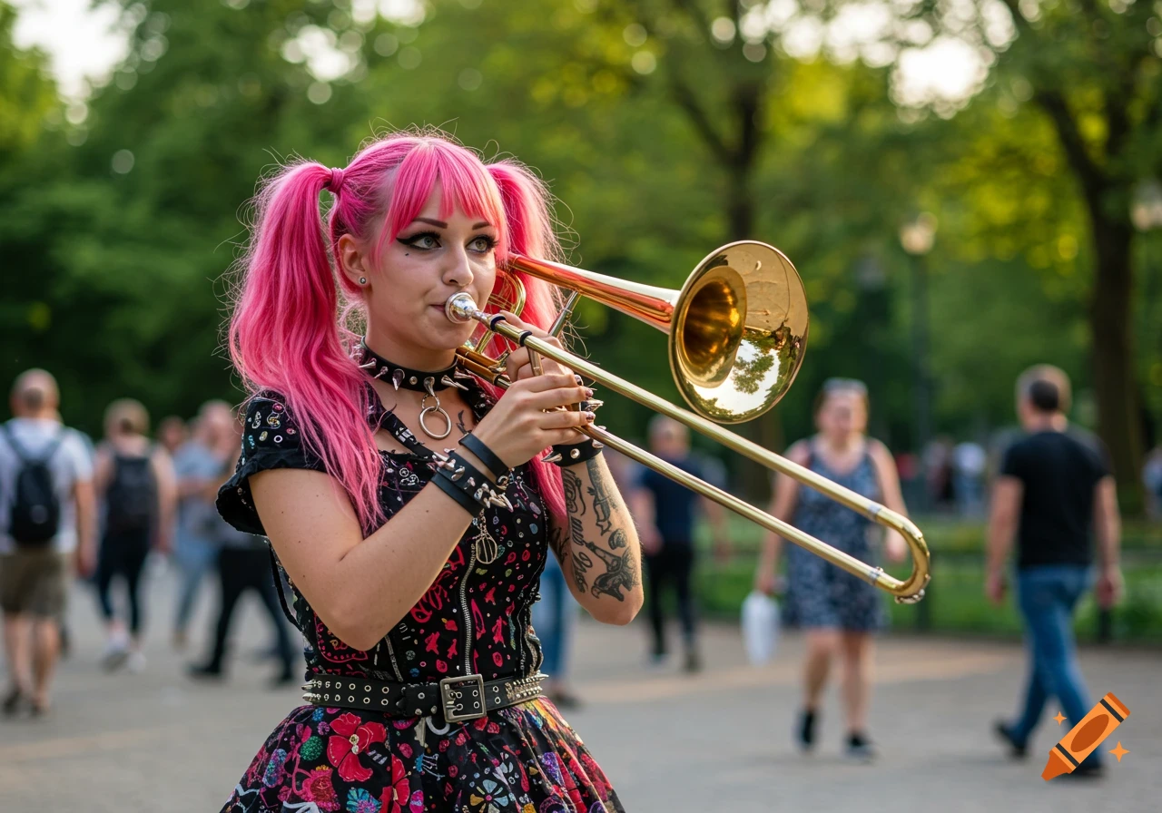 A young woman with bright pink pigtails and alternative clothing plays a trombone outdoors in a park.