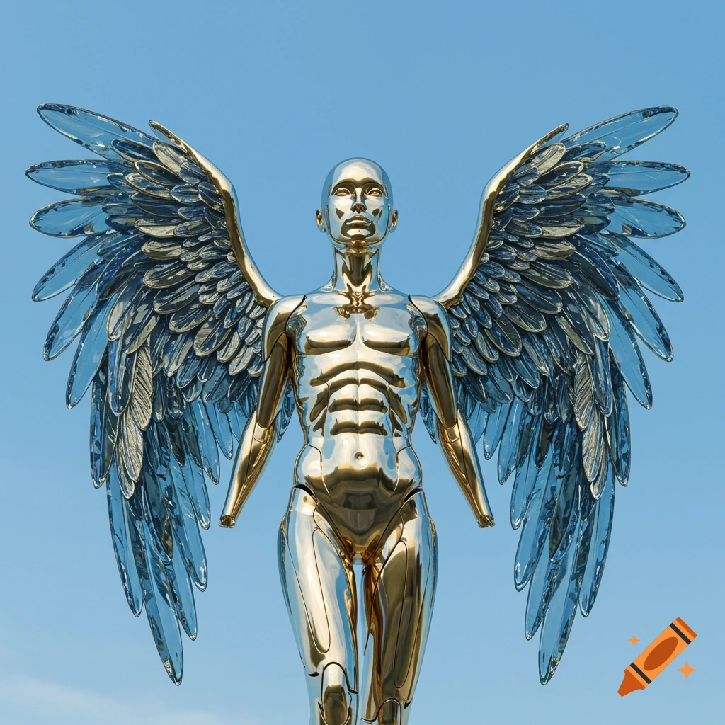 A photorealistic image of an androgynous golden metallic angelic statue with large, spread translucent blue wings against a clear sky.