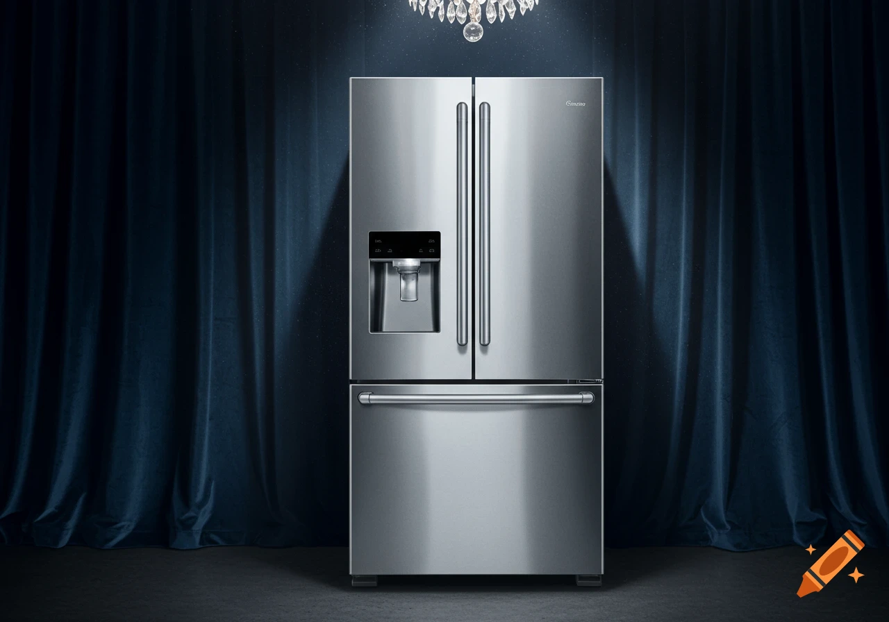 Photorealistic image of a stainless steel French door refrigerator with a bottom freezer, against dark blue curtains under a chandelier.