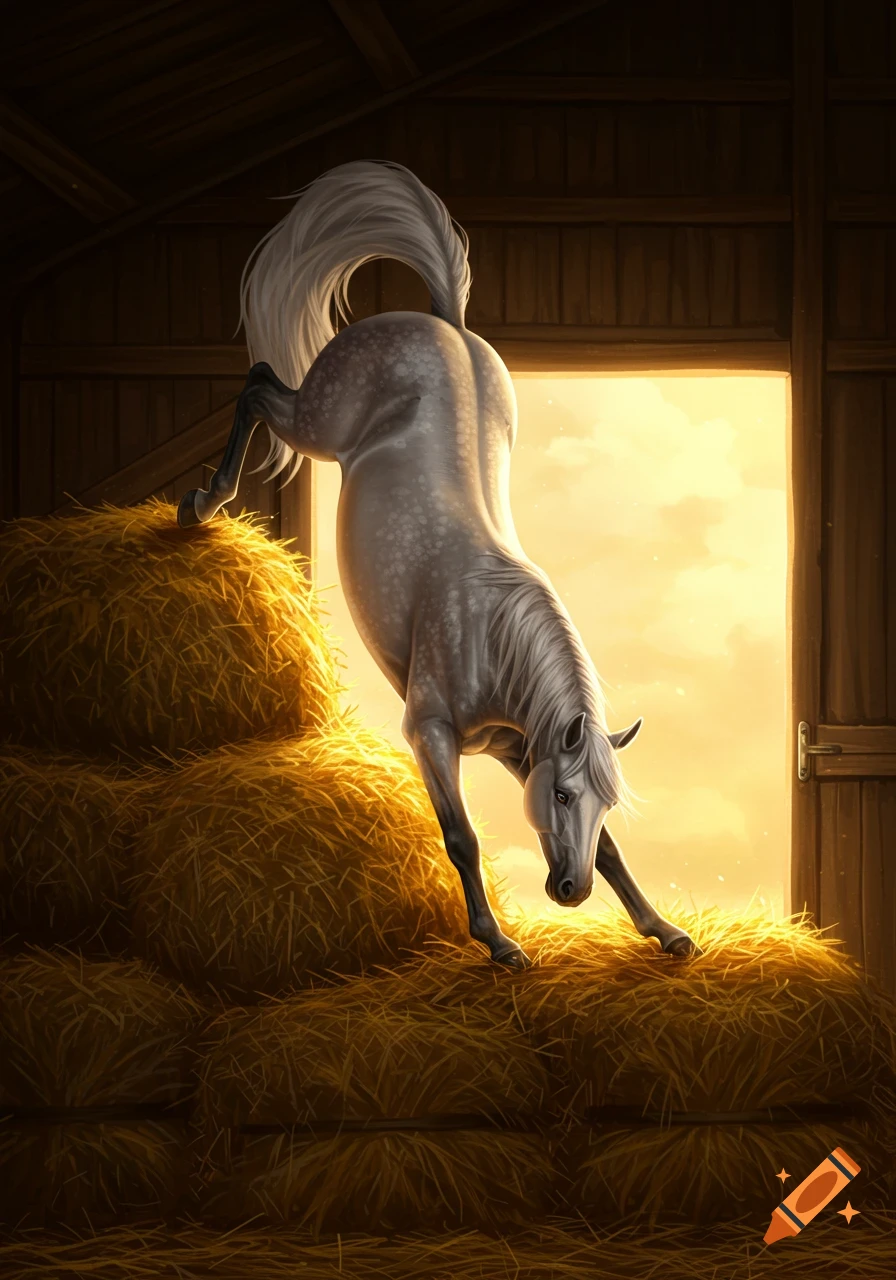 A dappled gray horse stretches on a stack of hay bales inside a barn, lit by warm light from an open doorway.