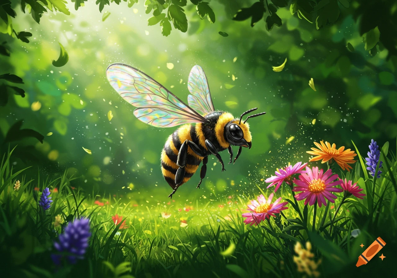 A vibrant illustration of a bee flying among colorful flowers and green foliage, bathed in sparkling light.