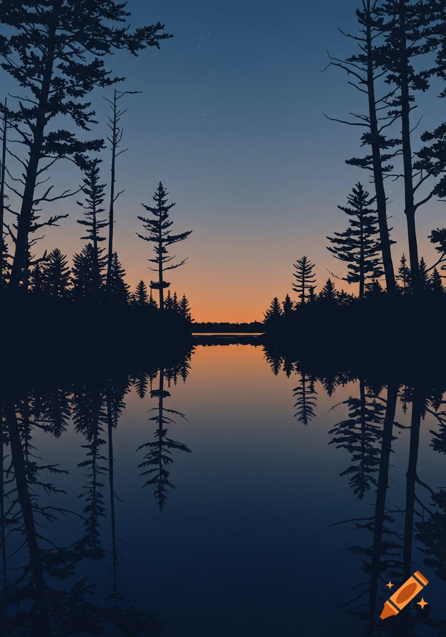Silhouette of pine trees framing a tranquil lake reflecting a colorful sunset or sunrise sky.