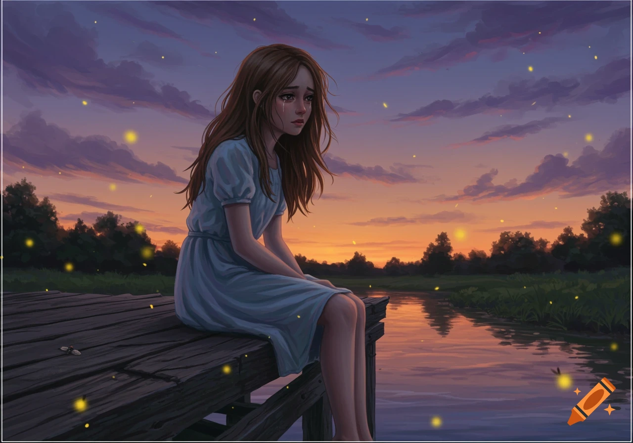 A sad girl sits on a wooden dock at sunset, overlooking a calm river with glowing fireflies in the air, in a digital painting style.