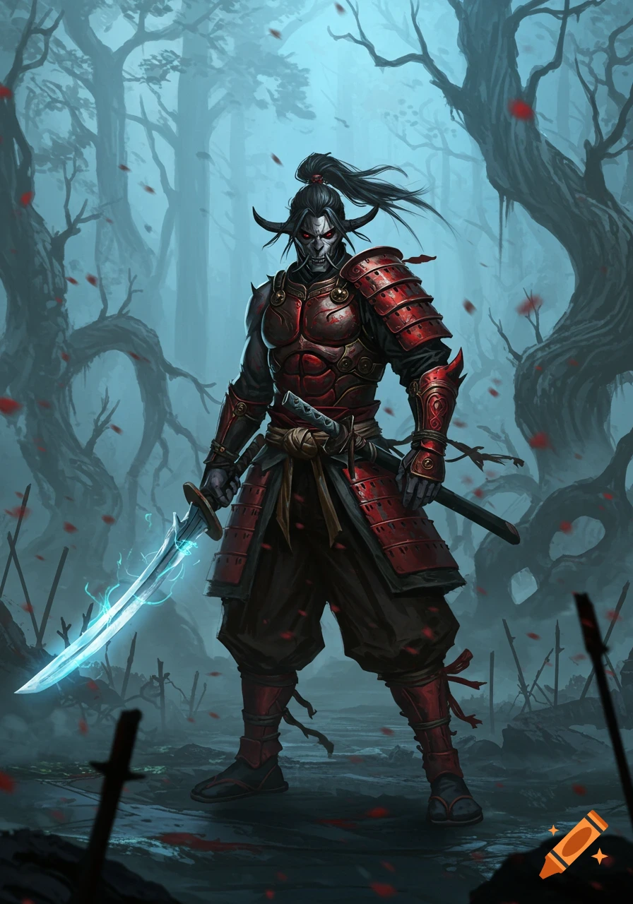 A demonic samurai warrior with red armor and horns holds a glowing blue sword in a dark, misty forest with fallen leaves.