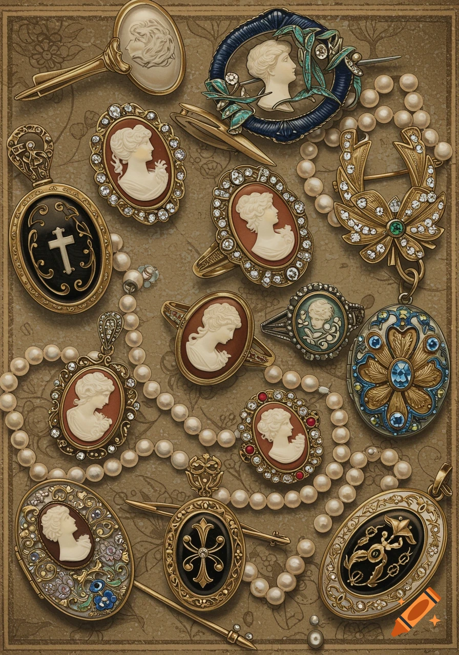 A detailed illustration of vintage jewelry including cameos, pearl necklaces, ornate brooches, rings, and lockets on a textured background.