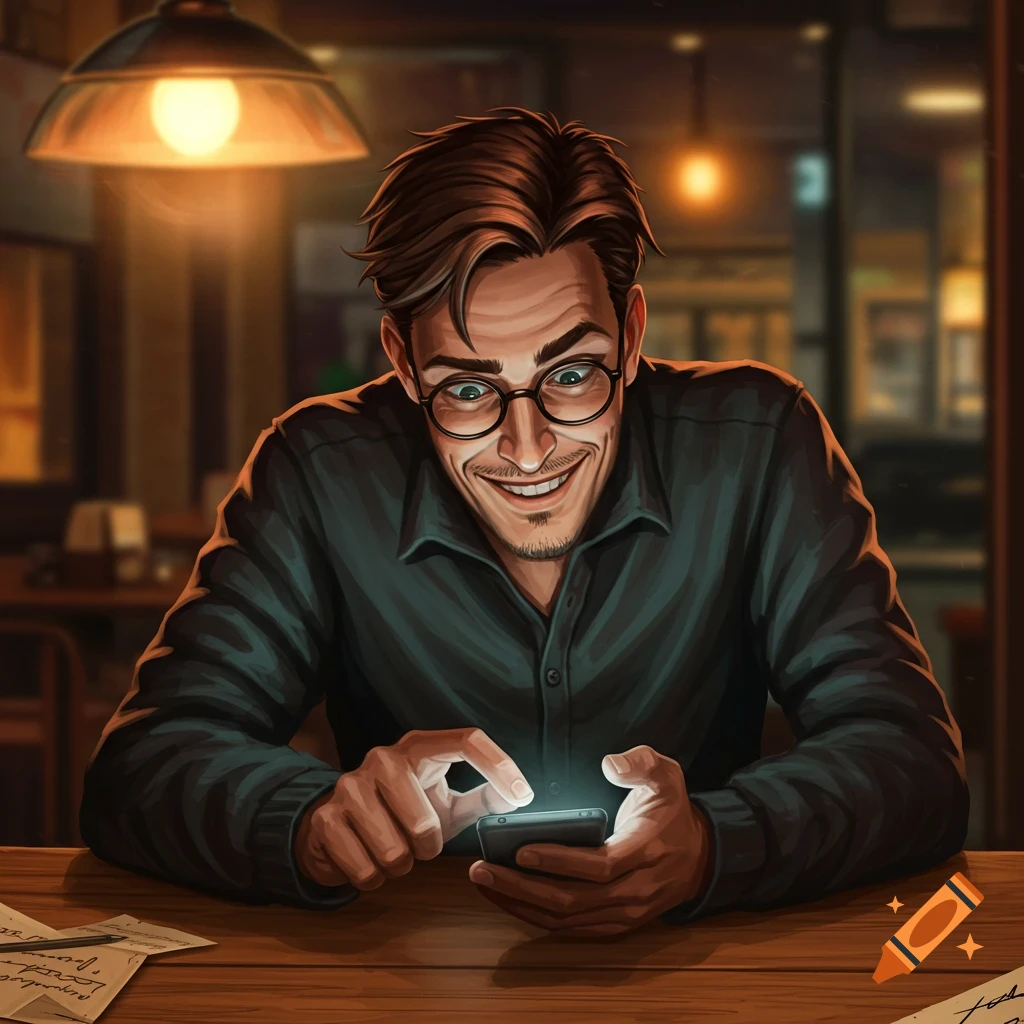 A man with a mischievous smile wearing glasses looks at his glowing phone at a table in a dimly lit bar.