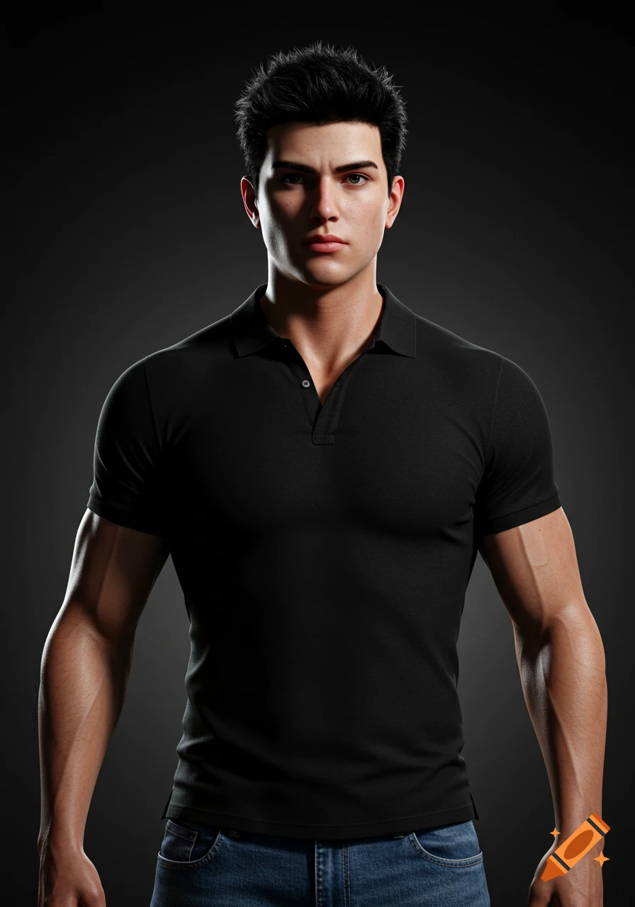 Photorealistic portrait of a young muscular man with spiky black hair, thick eyebrows, and a stoic expression, wearing a black polo shirt and jeans.