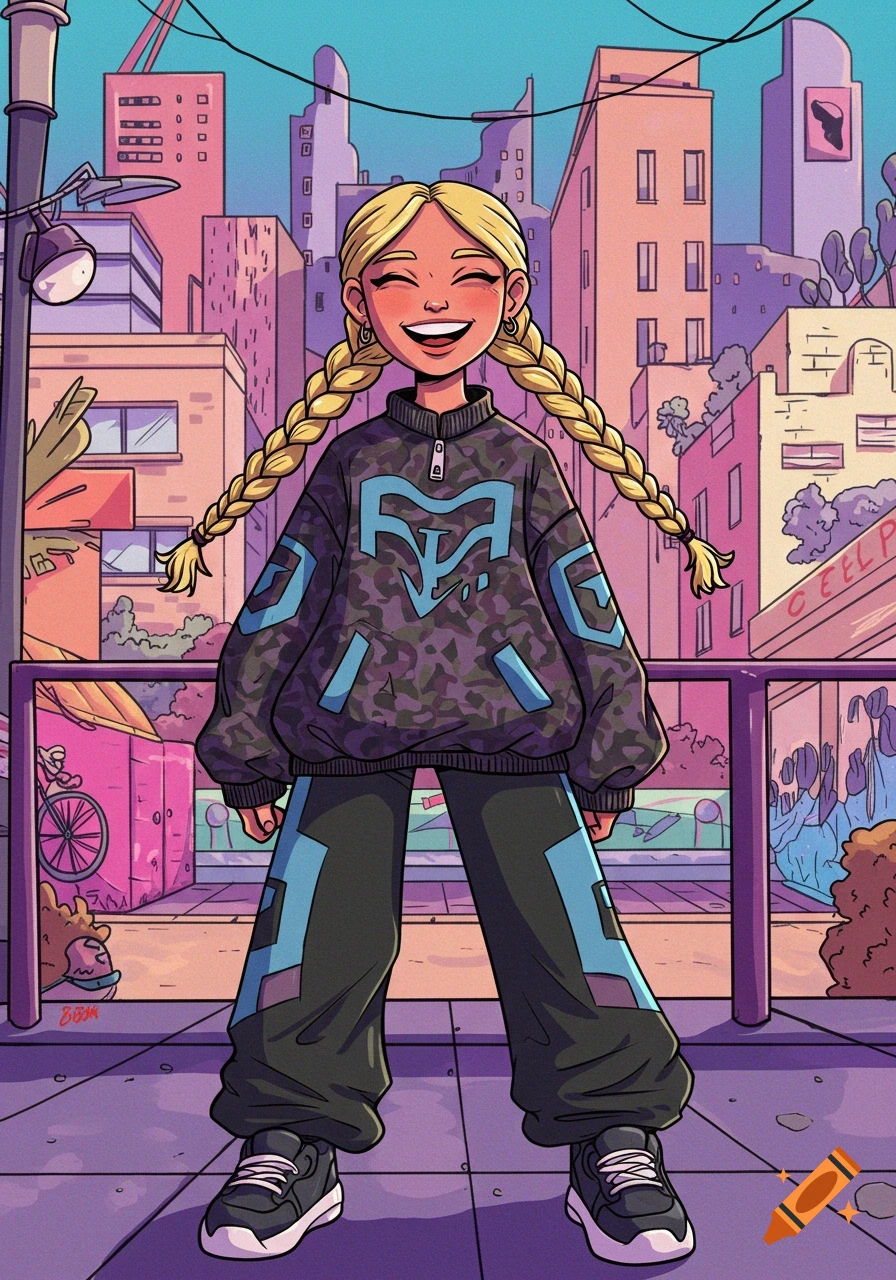Cartoon illustration of a smiling young woman with blonde braids in a trendy oversized outfit and sneakers, standing in a colorful city.