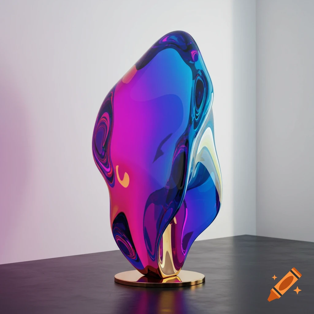 A glossy, iridescent abstract sculpture in vibrant pink, purple, blue, and teal, on a gold base in a minimalist setting.
