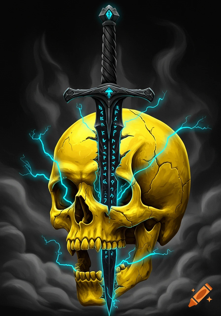 A stylized golden skull with a dark sword piercing through its crown, glowing blue runes on the blade, and electric blue lightning emanating from it against a smoky black background.