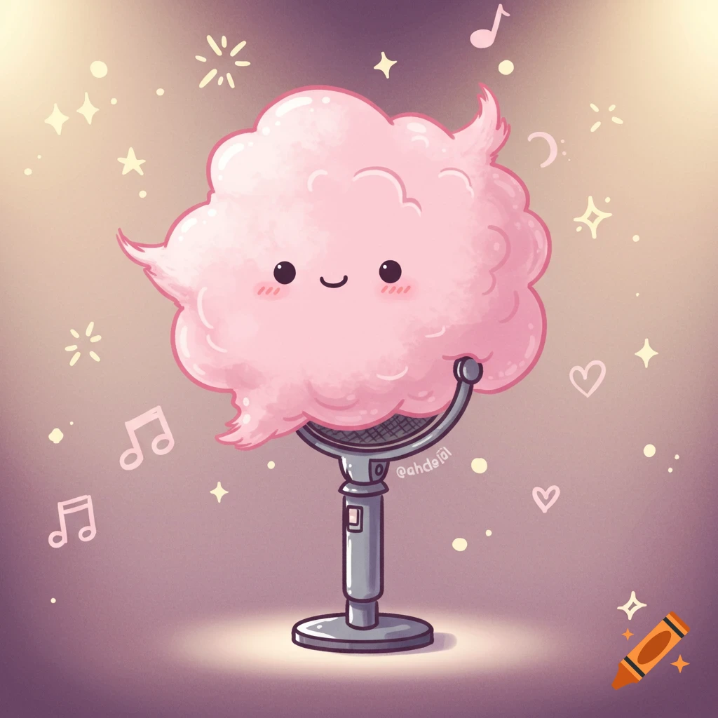 A smiling pink cotton candy cloud on a microphone, surrounded by music notes and sparkles in a cute cartoon style.