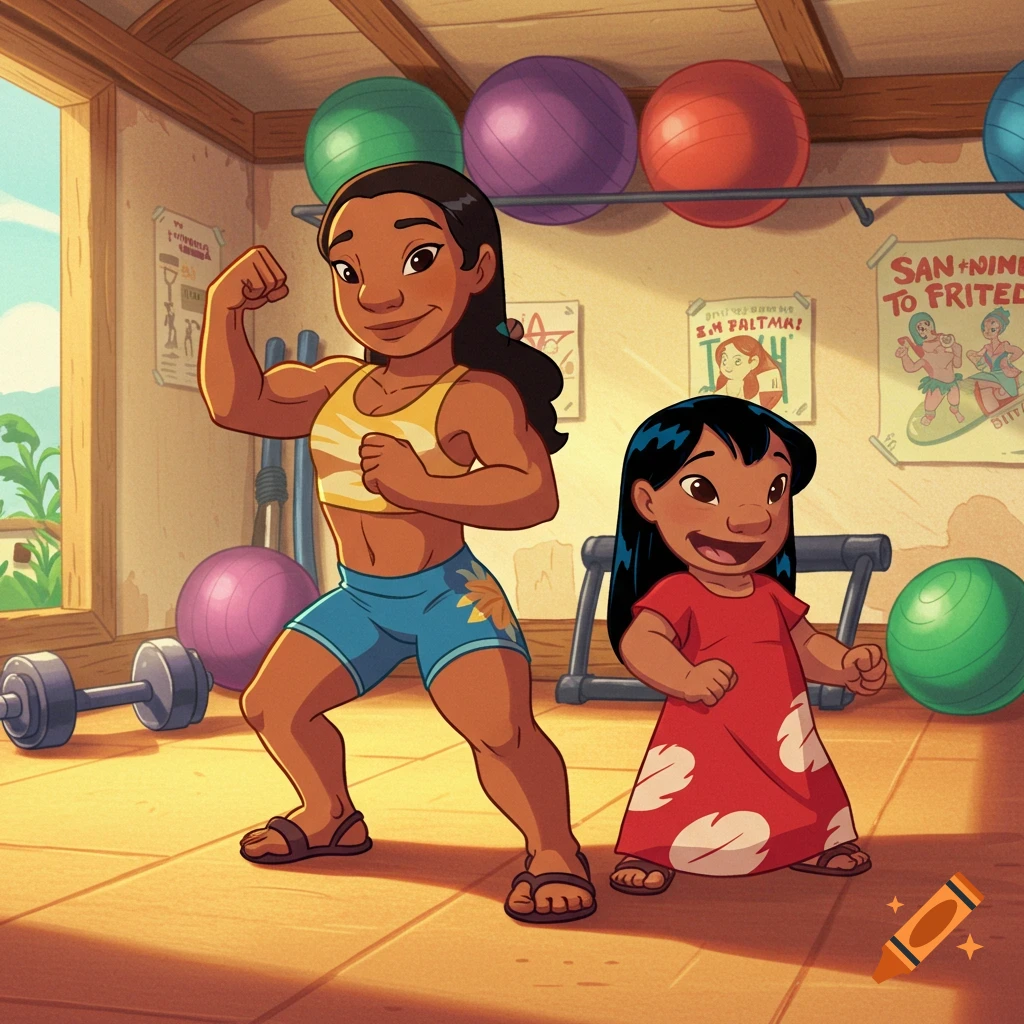 Nani flexes her muscles with Lilo in a gym, cartoon style.