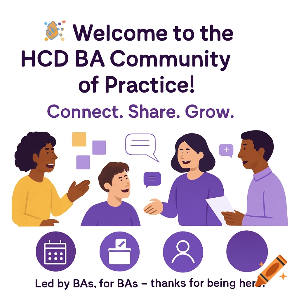 An illustration of four diverse people talking with speech bubbles, colorful squares, and icons below. Text says 'Welcome to the HCD BA Community of Practice! Connect. Share. Grow. Led by BAs, for BAs – thanks for being here!'