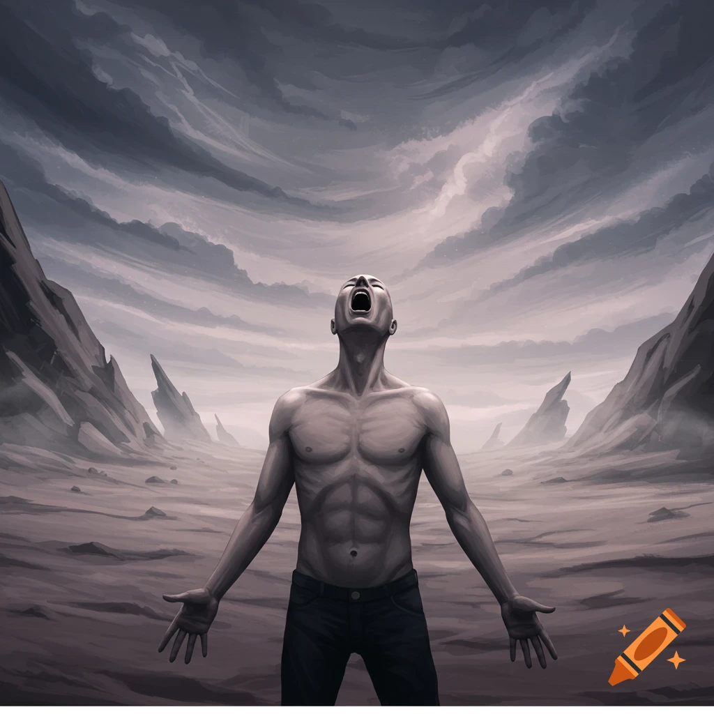 A screaming man with outstretched arms in a barren, rocky landscape under a stormy, grey sky.
