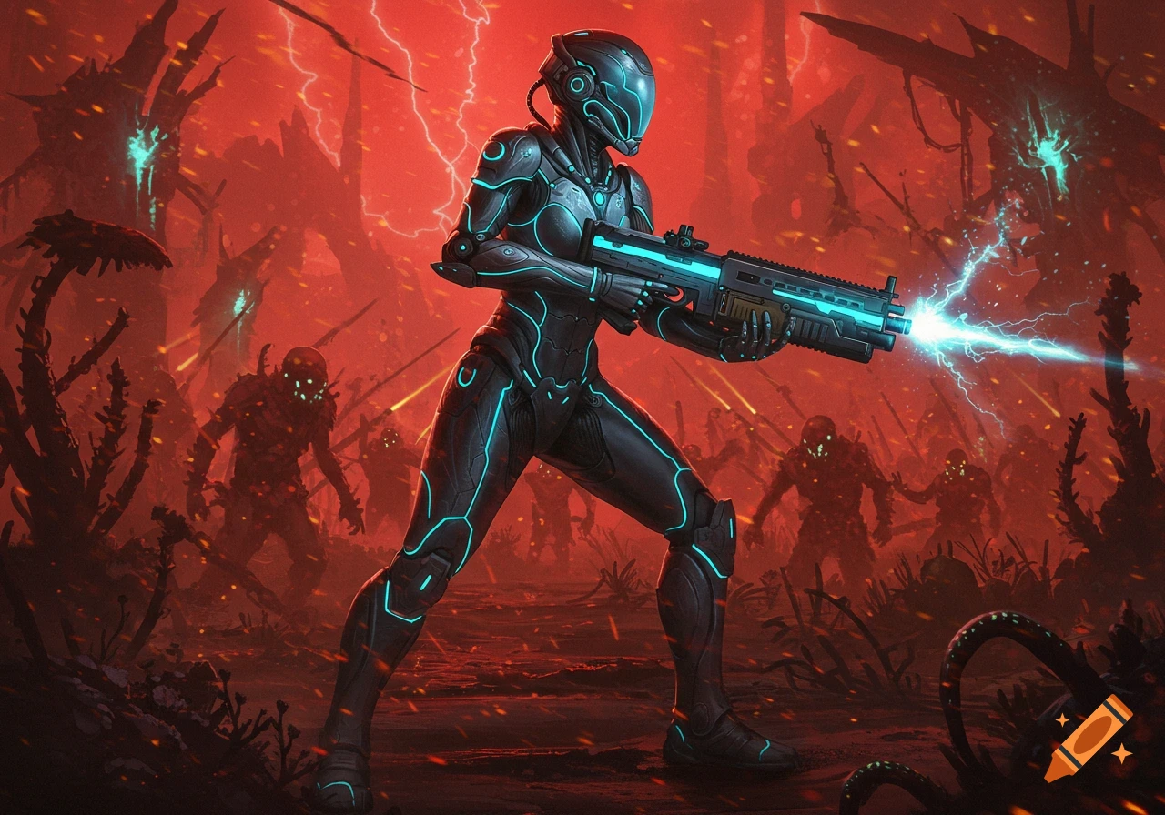 A sci-fi soldier with a glowing gun battles alien creatures in a red, fiery, alien landscape.