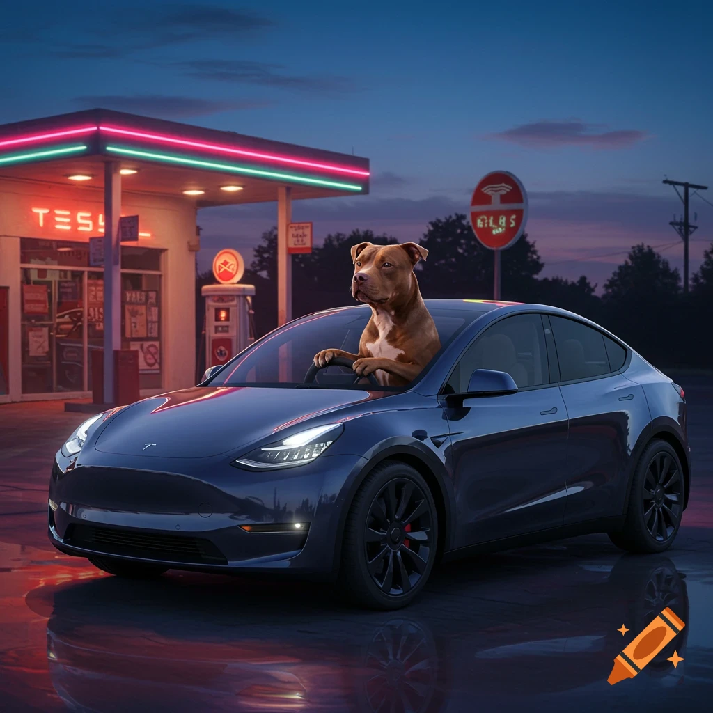 A brown pitbull dog sits in the driver's seat of a blue Tesla Model Y at a gas station with neon lights at dusk.