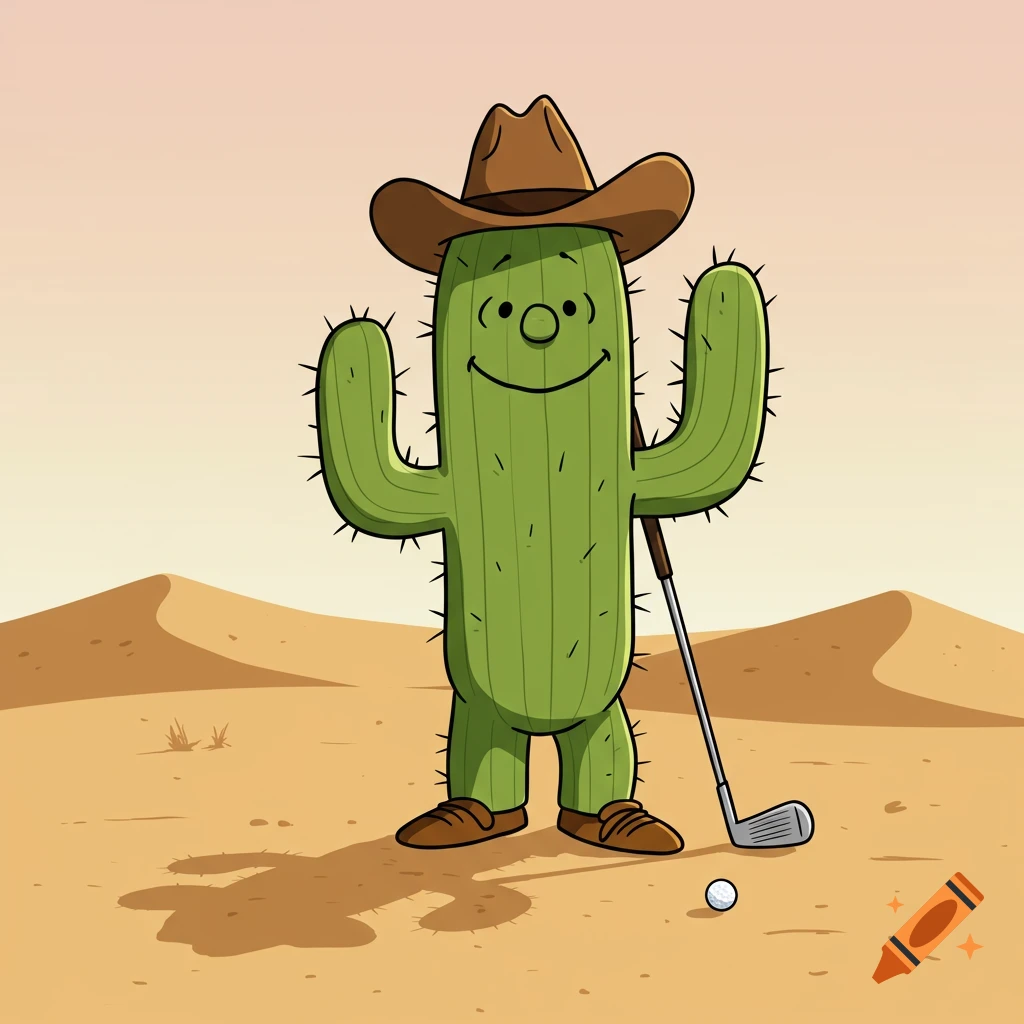 A cartoon cactus wearing a cowboy hat stands in a desert with a golf club and golf ball, drawn in a simple, clean style.