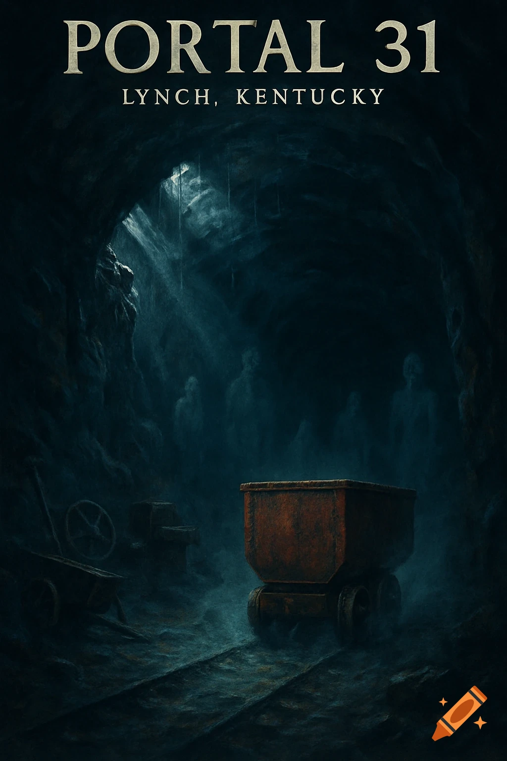 A dark, eerie mine entrance with a rusty cart, tracks, and ghostly figures in the background. Text reads 'PORTAL 31 LYNCH, KENTUCKY'.