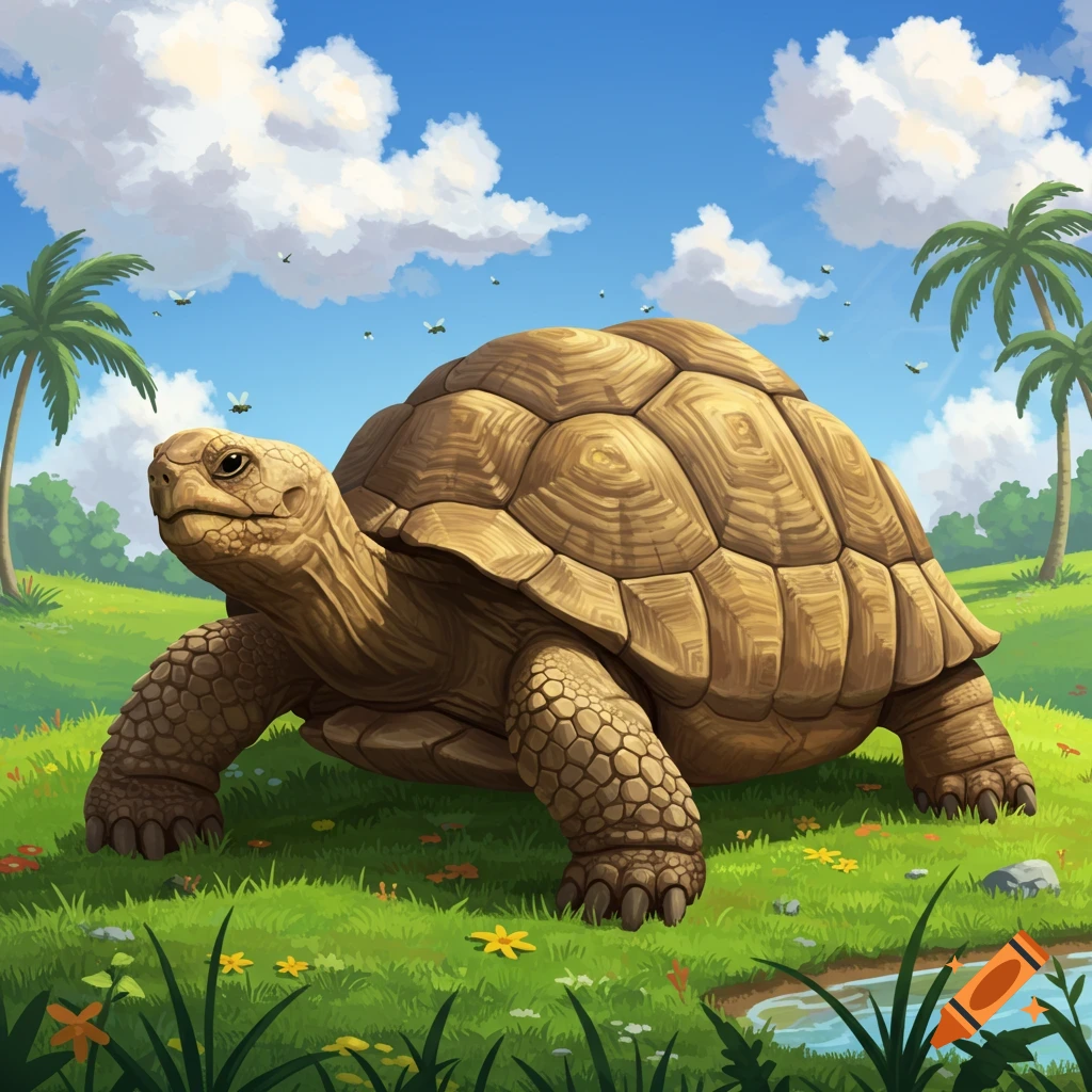 A detailed illustration of a large brown tortoise walking in a grassy field under a blue sky with white clouds and palm trees near a pond.