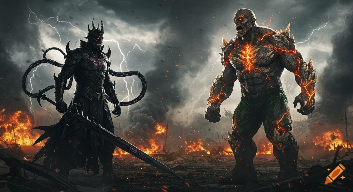 Knull and Doomsday face off on a fiery battlefield under stormy, lightning-filled skies, with Knull dark and armored and Doomsday monstrous and glowing.