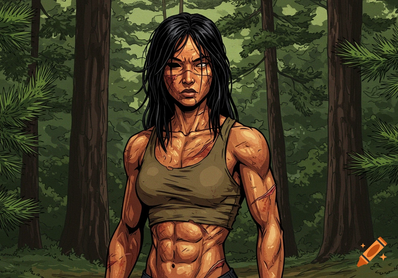 A muscular, scarred woman with dark hair in a tank top stands in a dense pine forest in a 2D comic book style.