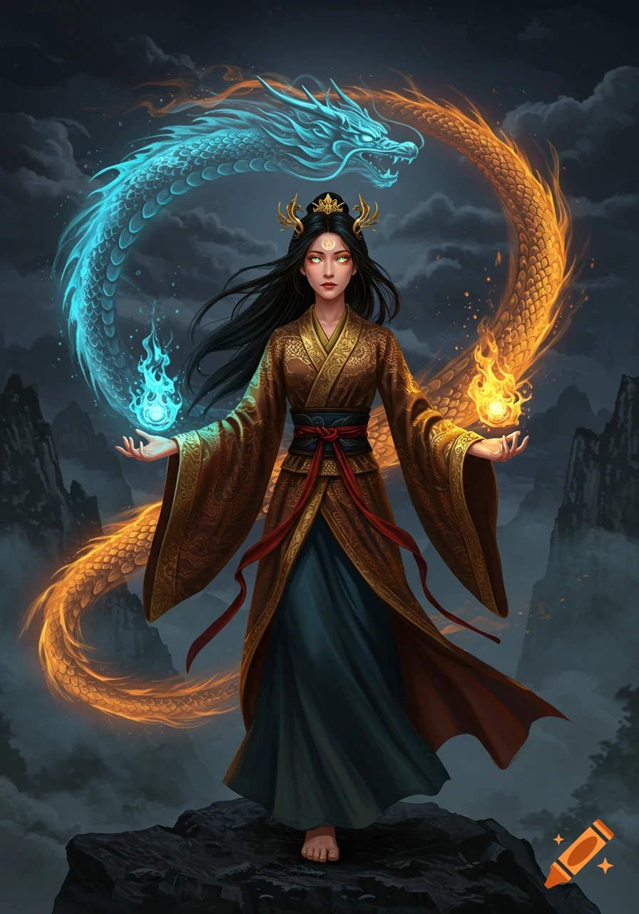 A fantasy digital painting of a Chinese woman with glowing eyes and long hair, conjuring magic with blue and orange dragons behind her on a mountaintop.