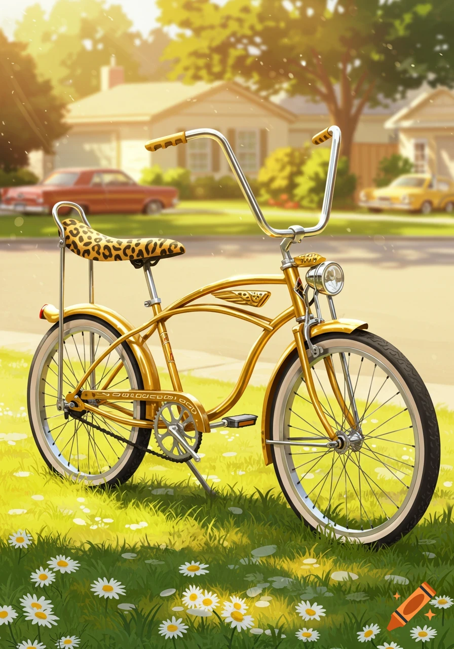A gold stingray bicycle with a leopard print banana seat sits on a sunlit grassy lawn in a suburban neighborhood, rendered in an illustrative style.