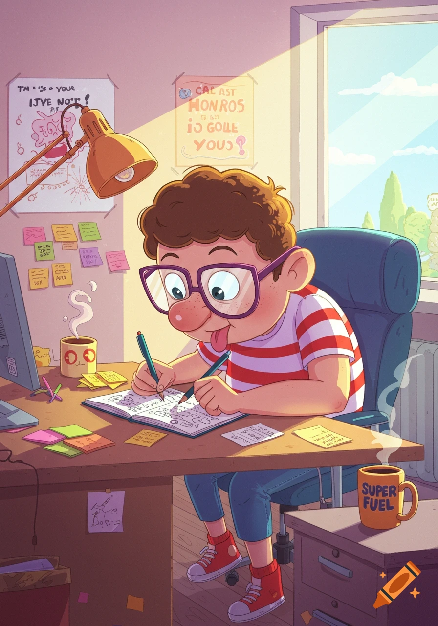 A cartoon boy with large glasses and a striped shirt sits at a sunlit desk, diligently drawing in a notebook with two pens, surrounded by papers and a 'SUPER FUEL' mug.