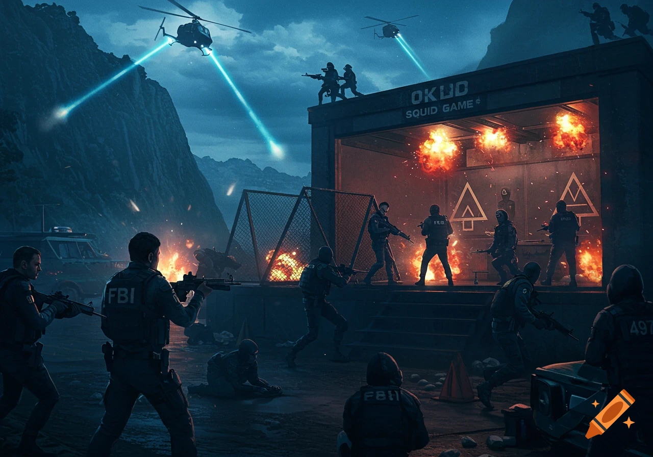 A dramatic, photorealistic scene of an FBI military raid on the Squid Game facility at night, with helicopters shining beams, explosions, and agents engaging masked figures amidst a mountain landscape.