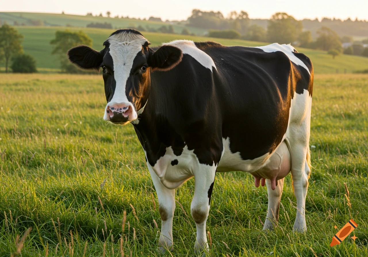 A black and white Holstein cow stands in a sunlit green pasture, looking towards the viewer.