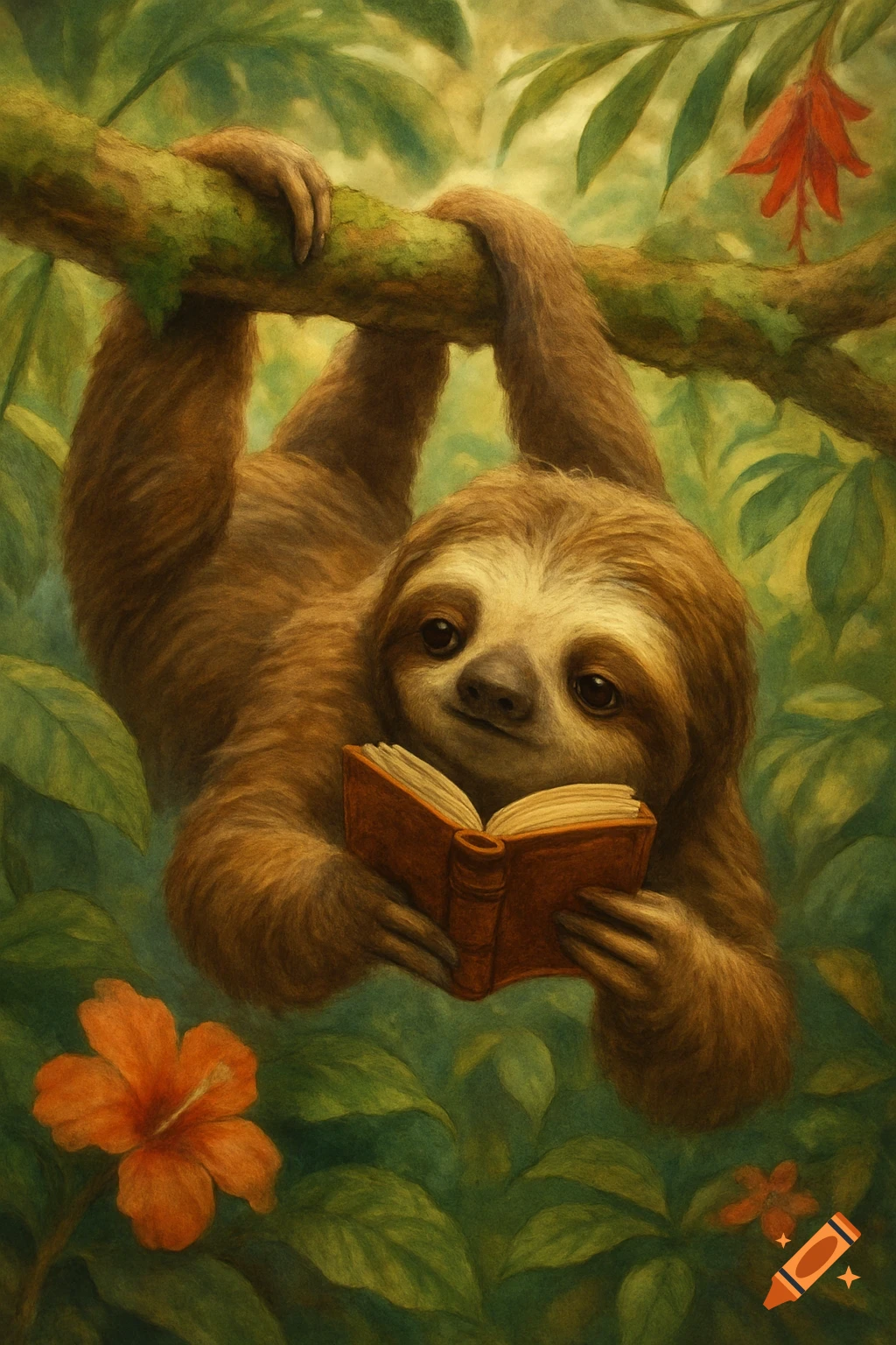 An illustration of a cute sloth hanging upside down from a branch, reading an open book in a lush green jungle.