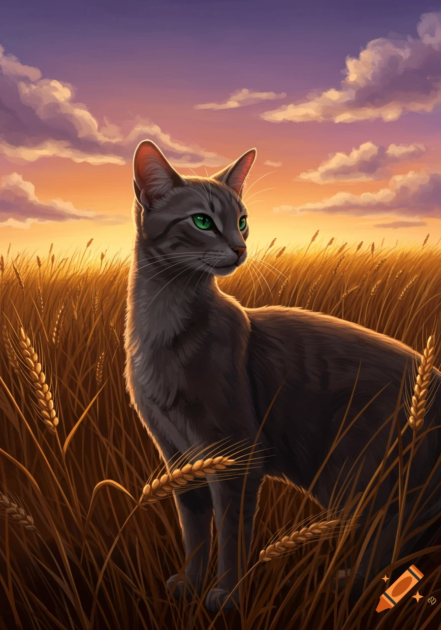 A gray tabby cat with bright green eyes stands in a field of golden wheat under a colorful sunset sky.