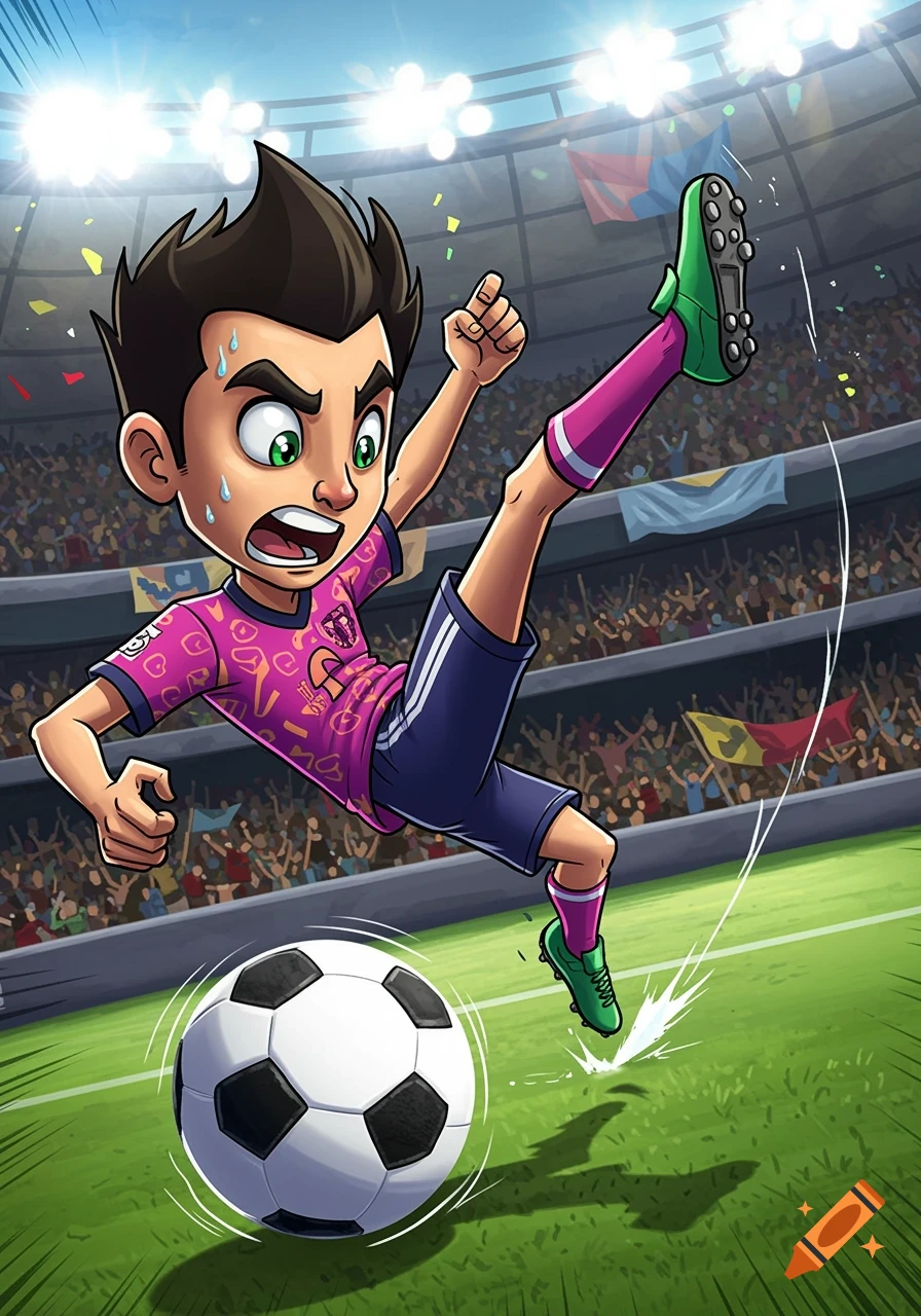 A cartoon boy in a pink and blue soccer uniform performs a bicycle kick on a soccer field in a stadium.