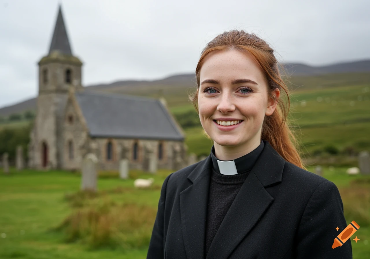 A young female priest with red hair smiles, standing in a field in front of a blurred stone church.