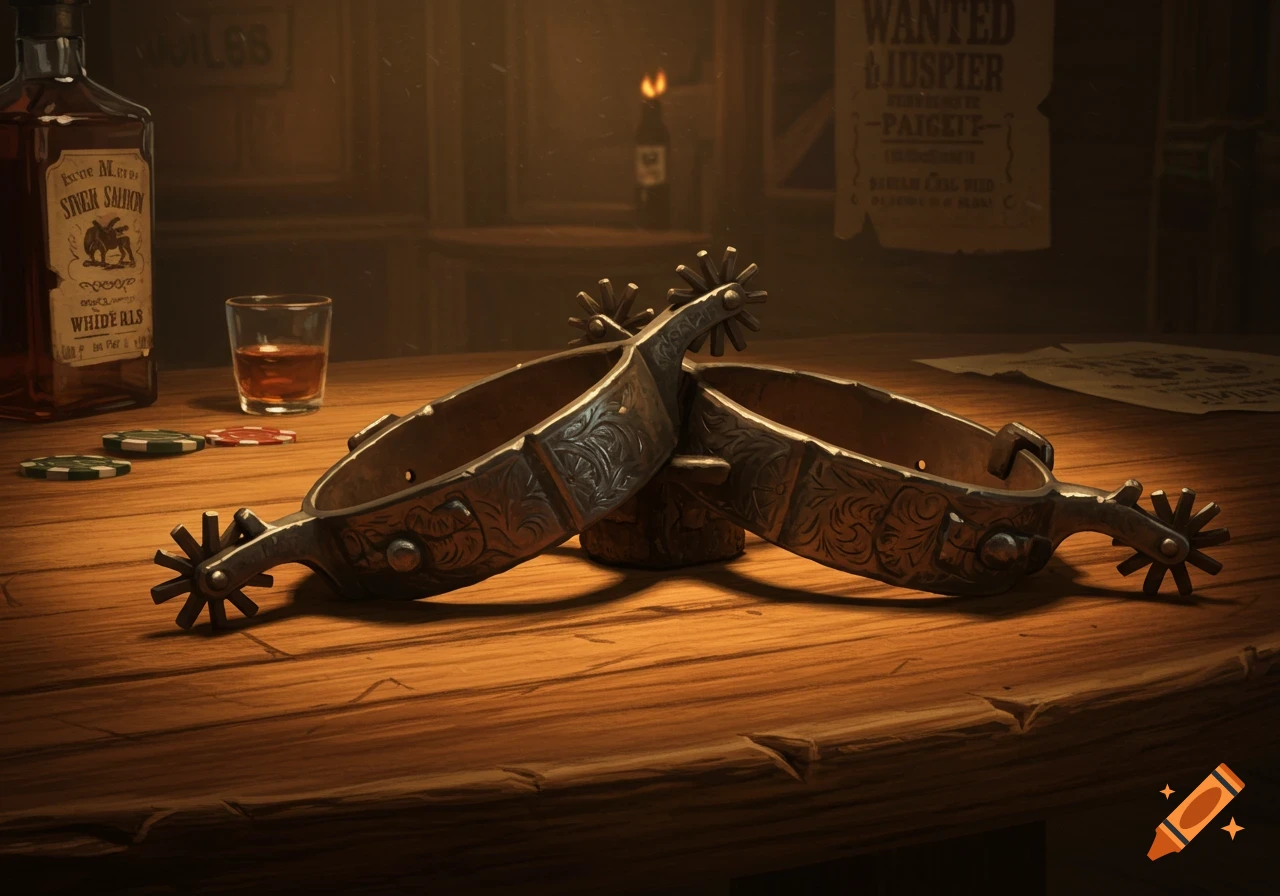 Close-up, photorealistic image of ornate cowboy spurs resting on a wooden table, next to a bottle of whiskey, a glass, and poker chips, in a dimly lit saloon setting.