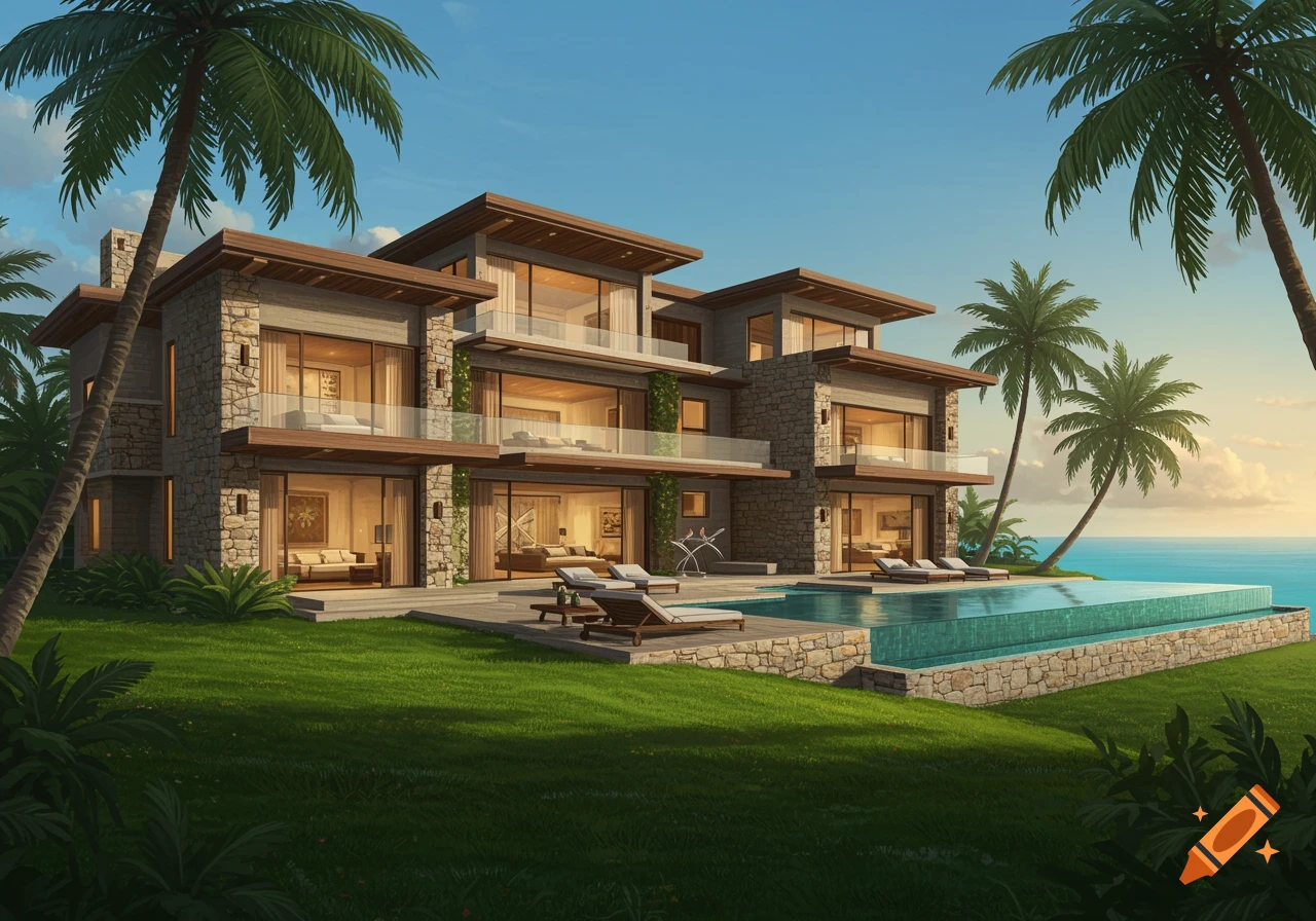 A large, modern stone mansion with wooden accents and glass balconies overlooking an infinity pool and the ocean, surrounded by palm trees and green grass under a clear sky.
