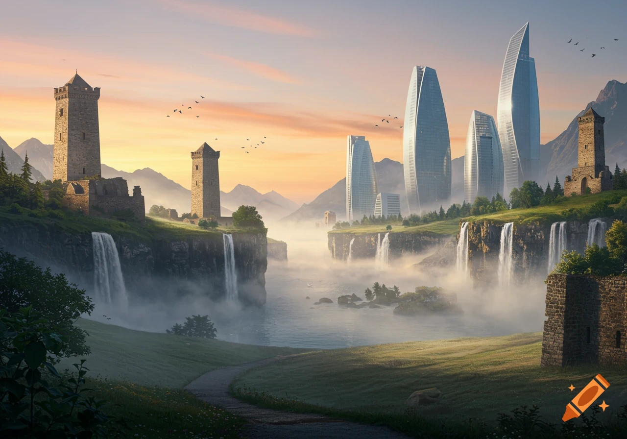 A fantastical landscape with ancient stone towers and futuristic skyscrapers overlooking a misty valley with waterfalls at sunset.