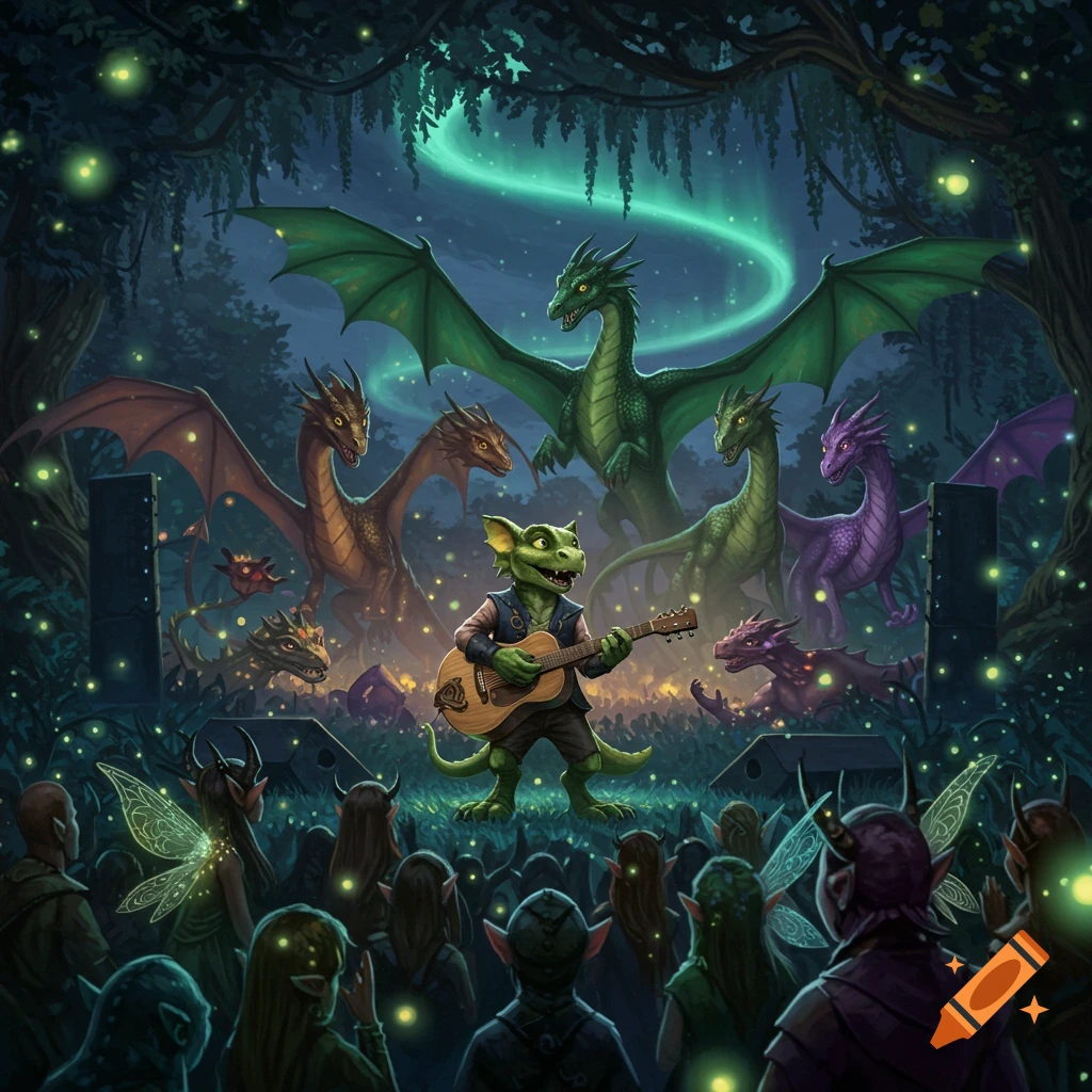 A green kobold plays an acoustic guitar on a forest stage at night, illuminated by glowing fireflies, with a crowd of fairies and dragons watching under a swirling aurora.